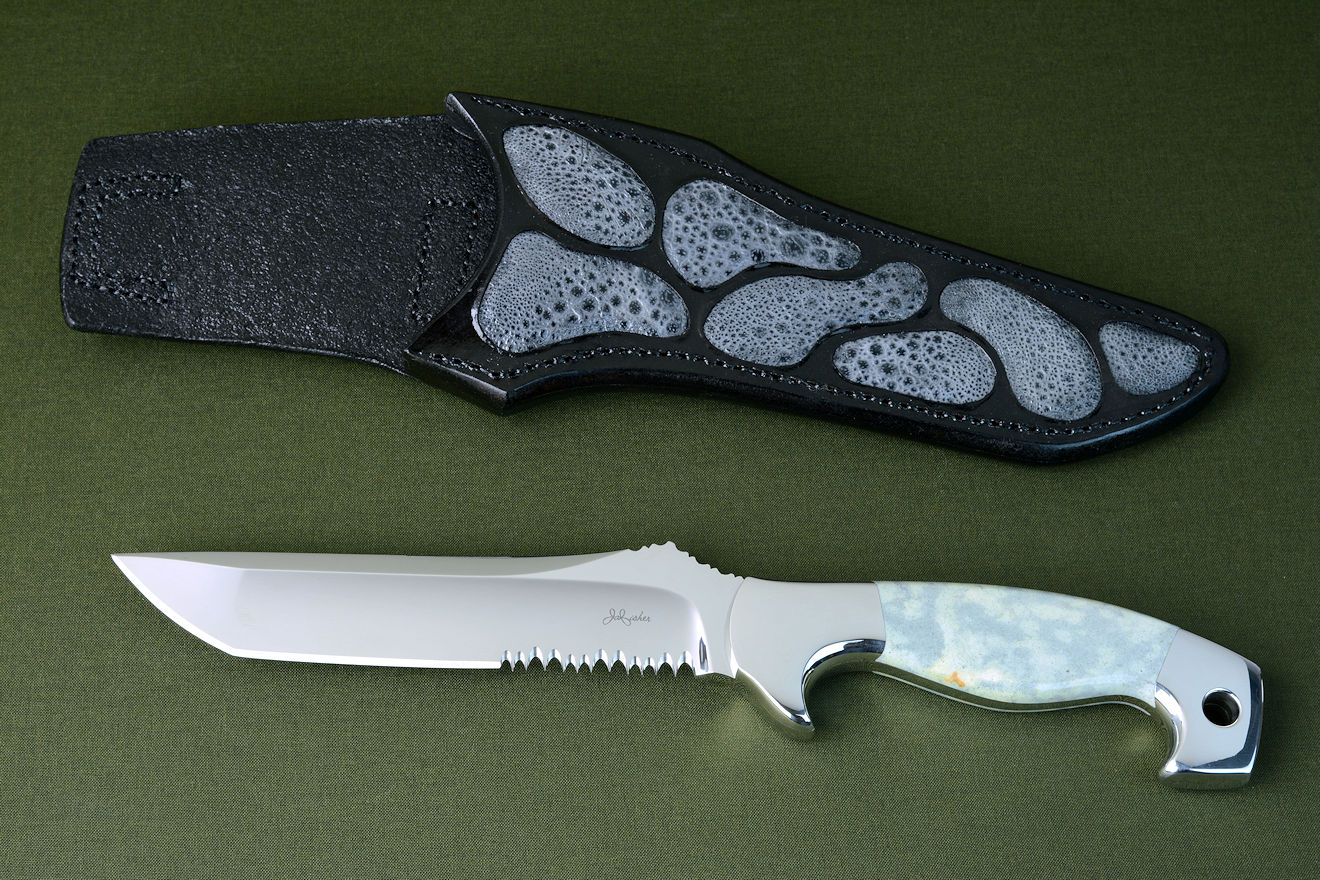 "Arctica" obverse side view in CPM154CM powder metal technology tool steel, 304 stainless steel bolsters, Cloud Jasper gemstone handle, locking kydex, aluminum, and stainless steel sheath