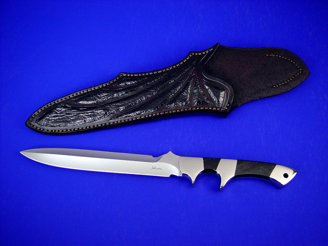 "Vespula" obverse side view: 440C high chromium stainless steel blade, 304 stainless steel bolsters, Australian Black Jade gemstone handle, Ostrich leg skin inlaid in hand-carved leather sheath