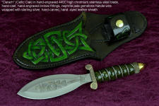 "Darach" (Celtic Oak), obverse side view in hand-engraved 440C high chromium stainless steel blade, hand-cast, hand-engraved bronze guard and pommel, nephrite jade gemstone  handle wrapped with sterling silver, hand-carved, hand-dyed leather sheath