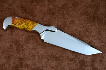 "Axia" Custom tactical knife, reverse side view in CPM 154CM powder metal high molybdenum martensitic stainless steel blade, T3 cryogenically treated blade, 304 stainless steel bolsters, Polvadera Jasper gemstone handle, hybrid tension-locking sheath in kydex, anodized aluminum, stainless steel, titanium