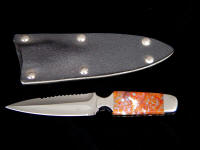 "The Kid" obverse side view; 440C high chromium stainless steel blade, 304 stainless steel bolsters, Rio Grande Agate gemstone handle, kydex, aluminum, steel tension sheath