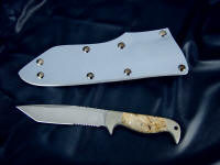 "Last Chance EL" obverse side view in 440C high chromium stainless steel blade, nickel silver bolsters, stabilized box elder burl handle, kydex, aluminum, blued steel sheath