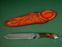 "Magdalena Magnum" obverse side view in D2 extremely high carbon die steel blade, hand-engraved 304 stainless steel bolsters, Pilbara Picasso Jasper gemstone handle, hand-carved, hand-tooled leather sheath