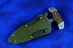 "Vindicator" tactical counterterrorism push/punch dagger, obverse side view in "Shadow" line ATS-34 high molybdenum stainless steel blade, 304 stainless steel bolsters, black/gold G10 fiberglass/epoxy laminate composite handle, hybrid tension-locking sheaths in Coyote and Olive drab, heavy duty leather double-tab stainless snap locking leather sheath in bison-dyed basketweave leather