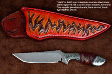 "Nishi" obverse side view in 440C high chromium stainless steel blade, hand-engraved 304 stainless steel bolsters, Sonoran Flame Agate gemstone handle, hand-carved, hand-dyed leather sheath