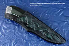 "Wasat" obverse side view in O1 high carbon tungsten vanadium tool steel alloy steel, hand-engraved 304 stainless steel bolsters, Australian Black Jade gemstone handle, hand-carved leather sheath inlaid with green lizard skin